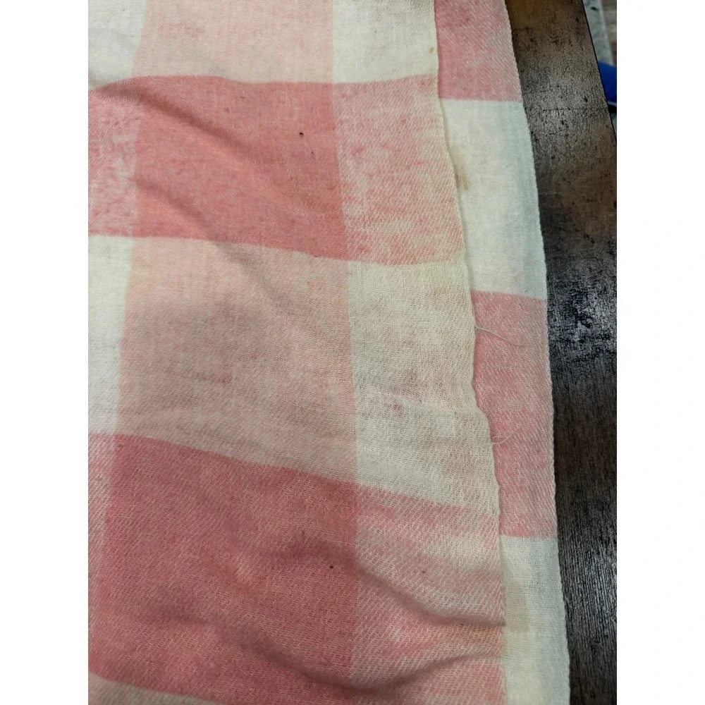 Vintage Camp Blanket Unisex OS Pink Buffalo Check Wool Satin Trim Cabin Core
